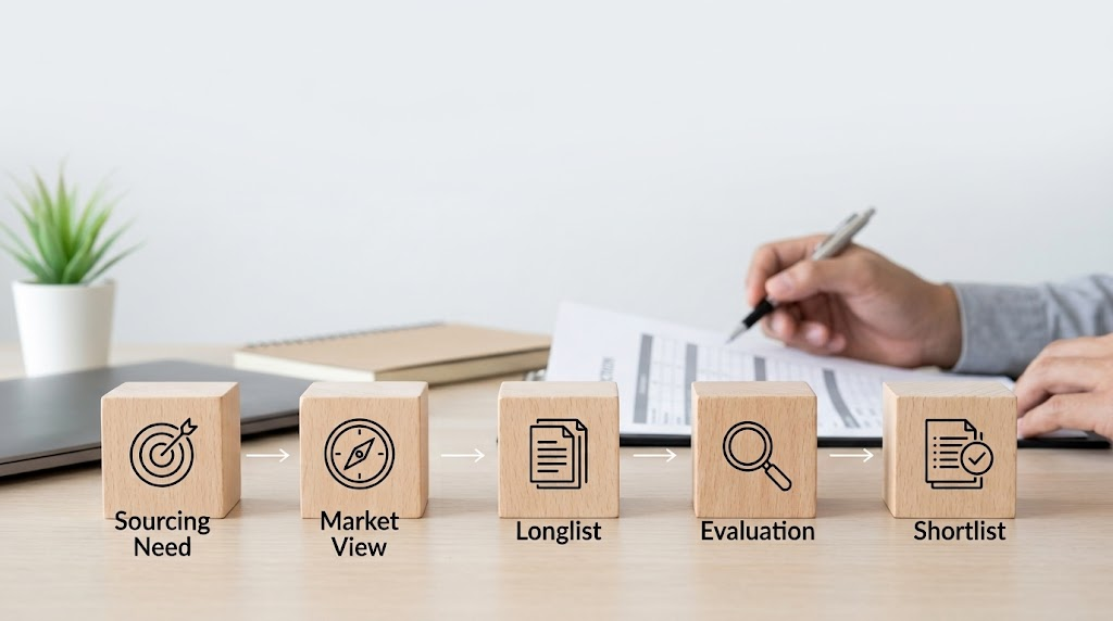 Structured visual process for Software Engineering Partner Selection showing the stages Sourcing Need, Market View, Longlist, Evaluation and Shortlist in a professional office setting.