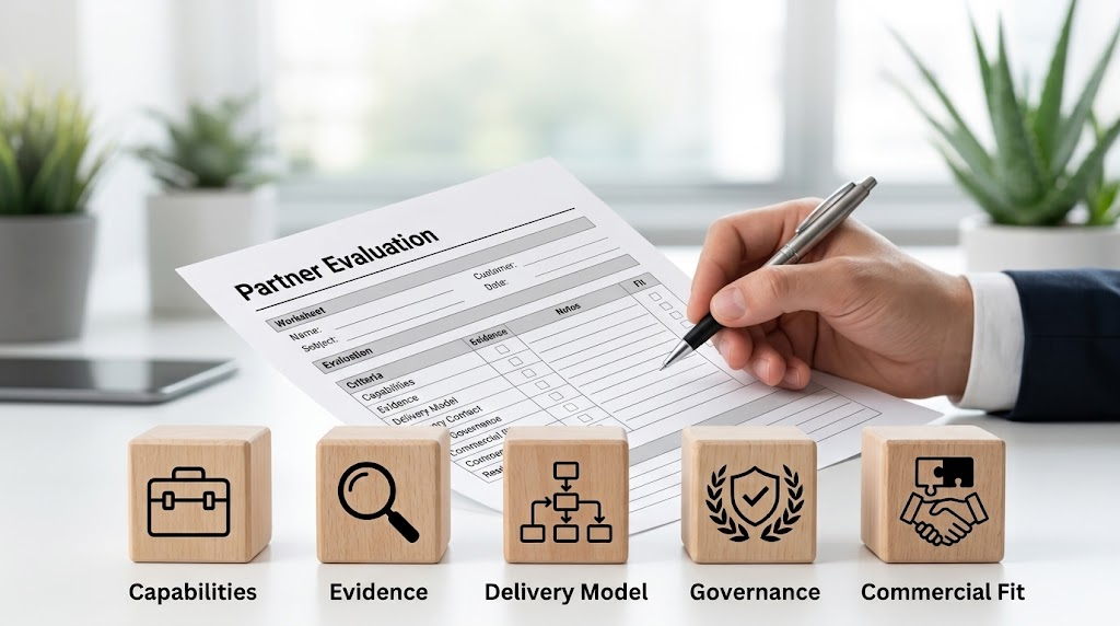A modern office desk scene featuring a person's hand holding a pen over a "Partner Evaluation" worksheet. In the foreground, five wooden blocks are lined up with black icons and labels reading "Capabilities", "Evidence", "Delivery Model", "Governance", and "Commercial Fit".