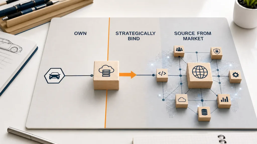 Strategic Sourcing Board, das die Verschiebung einer Technologiefähigkeit vom Eigentum zu einer langfristigen Provider-Beziehung zeigt, während sie mit dem Tech Buyer verbunden bleibt.