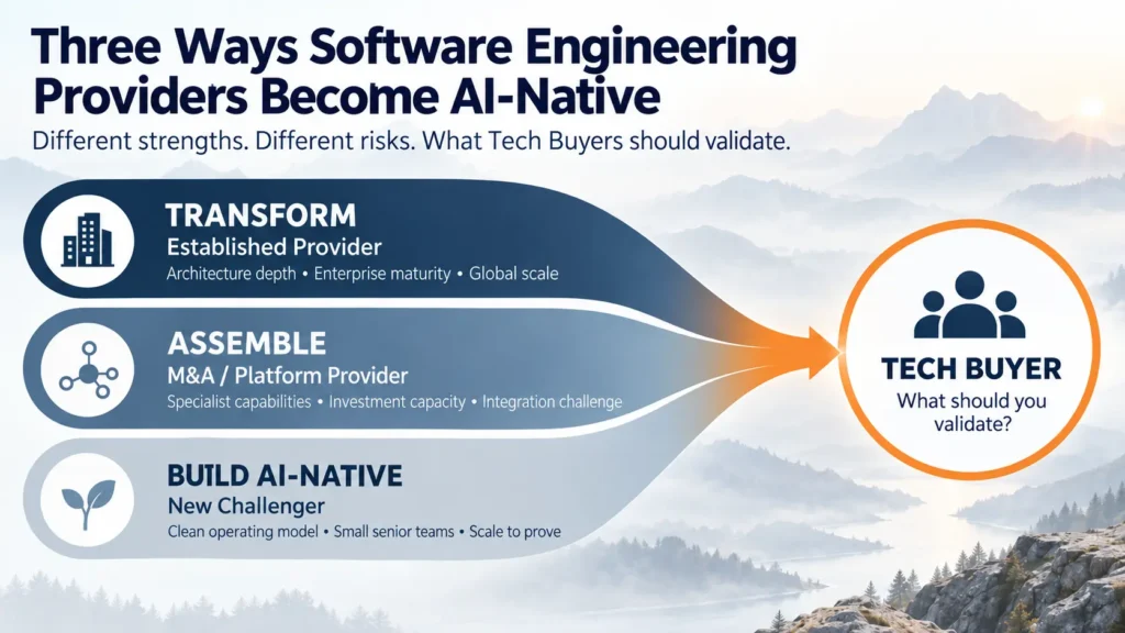 Diagram showing three ways Software Engineering Providers can become AI-native: transform an established provider, assemble an M&A platform, or build an AI-native challenger, with Tech Buyer validation at the centre.