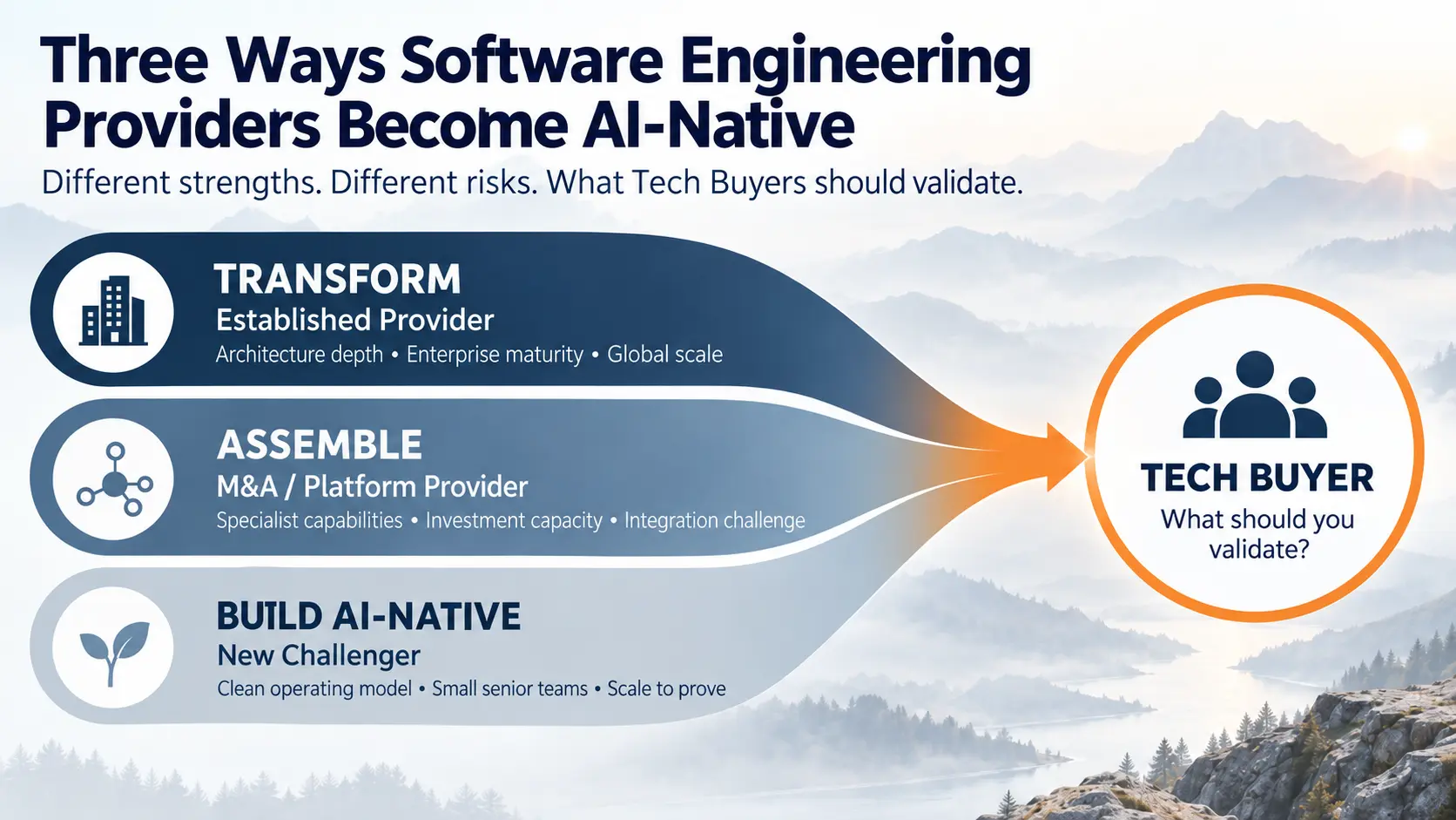 Diagram showing three ways Software Engineering Providers can become AI-native: transform an established provider, assemble an M&A platform, or build an AI-native challenger, with Tech Buyer validation at the centre.