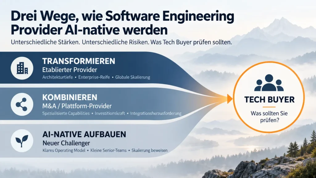 Diagramm mit drei Wegen, wie Software Engineering Provider AI-native werden können: einen etablierten Provider transformieren, eine M&A-Plattform kombinieren oder einen AI-native Challenger neu aufbauen, mit der Validierung durch den Tech Buyer im Zentrum.