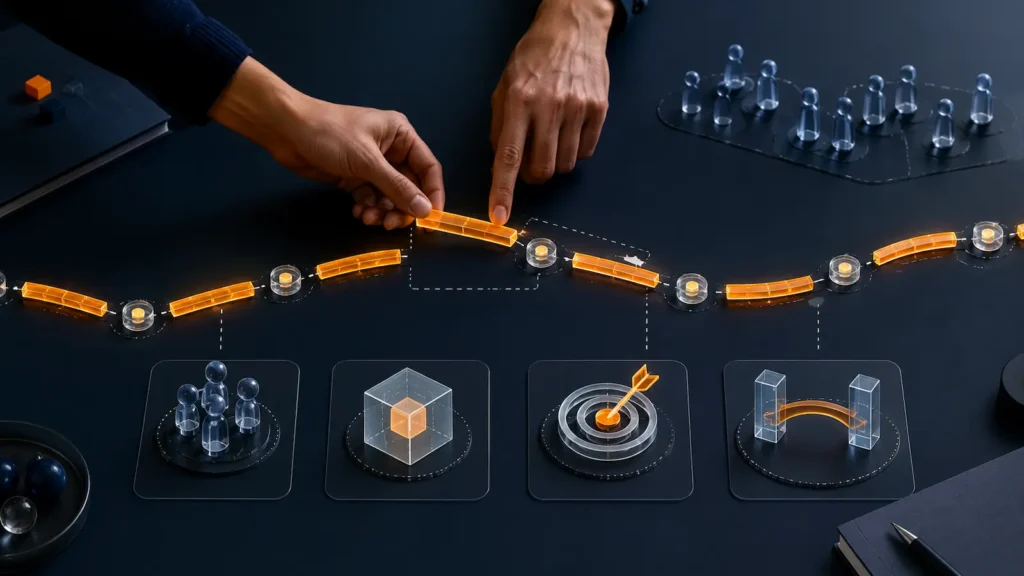 A dark planning board shows an orange software delivery path divided into short checkpoints, with symbols for team capacity, bounded scope, target outcomes and a hybrid commercial model.
